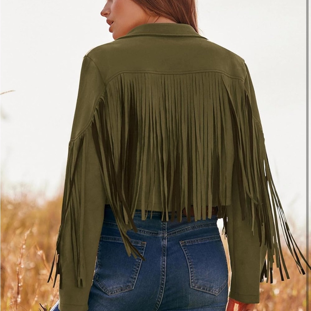 Women's Suede Fringe Jacket Long Sleeve Slim Faux Leather Boyfriend Cropped Top - Picture 2 of 6